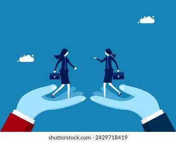 Make a business deal. Two businesswomen negotiate using large hands 