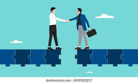 make business deals to achieve business goal with two business people shaking hands to connect puzzle bridge, agreement to achieve business success