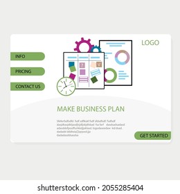Make business plan landing page, vector business planning, illustration planner for manage and organize work process, service assistance set up project, control and report, recommendation and advice