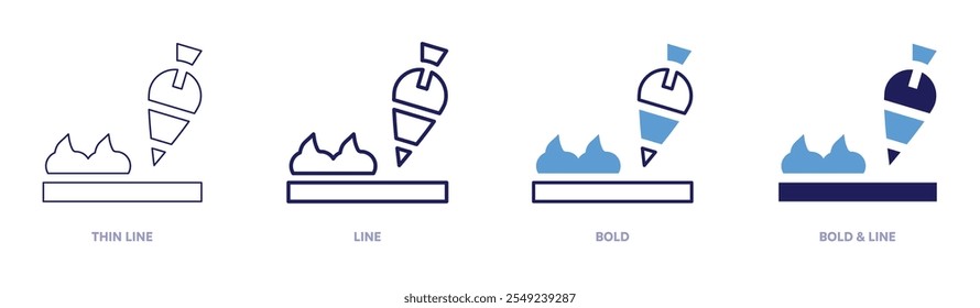 Haga el icono de la torta en 4 estilos diferentes. Línea delgada, línea, negrita y línea negrita. Estilo duotono. Trazo editable.
