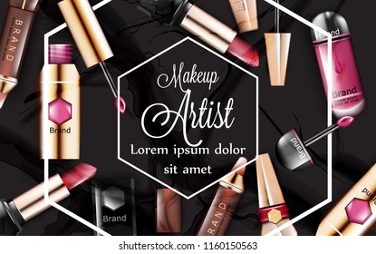 Make up card with lipsticks cosmetics set Vector. Realistic detailed beauty products mock up. Advertise template banners decors