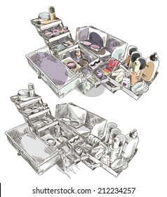 Make up case. Beauty products. Vector sketch. 