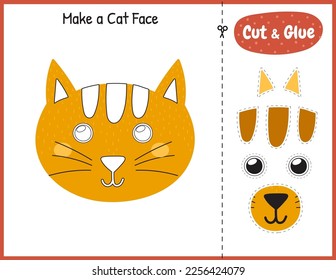 Make a cat face funny game for kids. Cut and glue educational activity page. Matching game with feline character. Vector illustration