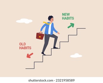 Make a choice concept. Businessman walking up stair to new habits way. Old Habits and new habits choice, Choose a new direction. Modern flat vector illustration.