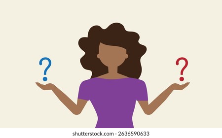 Make choice, decision concept. Business woman doubting, deciding