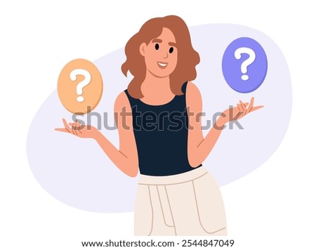 Make choice, decision concept. Girl is trying to make a choice between different options. Vector flat illustration.