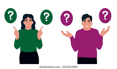 Make choice, decision concept. Man and woman gesturing with hands, fingers. Flat vector illustration