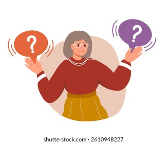 Make Choice, Decision Concept. Old elderly senior Puzzled Woman Setting Priorities, Doubting, Deciding. Questioned Thinking person , Analysing Two Options. Flat vector illustration isolated on white b