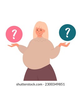 Make choice, decision concept. Pregnant woman doubting, deciding, setting priorities. Flat vector illustration isolated on white background