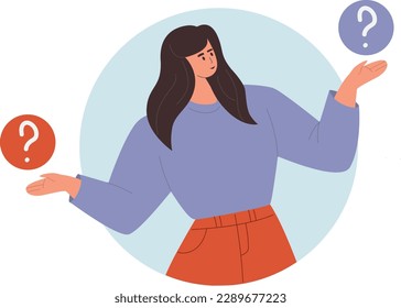 Make a choice, decision concept. The puzzled girl thinks, doubts, and analyzes two options. Flat vector illustration isolated on white background