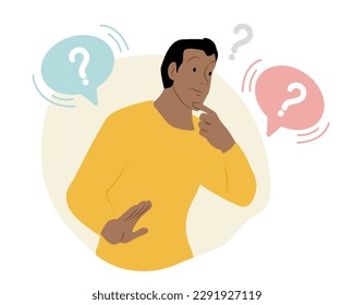 Make Choice, Decision Concept. Puzzled Business Man Setting Priorities, Doubting, Deciding. Questioned Employee Thinking, Analysing Two Options. Flat vector illustration isolated on white background