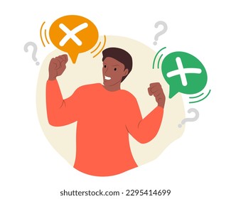 Make Choice, Decision Concept. Puzzled Business Man is under stress with lot of problems and issues he should solve. Questioned Employee Thinking. Flat vector illustration isolated on white background