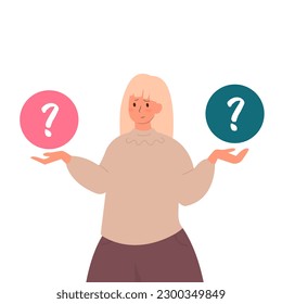 Make choice, decision concept. Puzzled business woman doubting, deciding, setting priorities. Questioned employee thinking, analyzing two options. Flat vector illustration isolated on white background