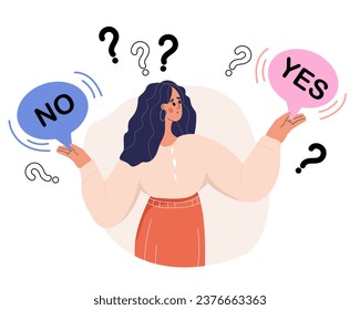 Haz Elección, Concepto De Decisión. Una Mujer Empresaria Que Se Desconcertó Fijando Prioridades, Dudando, Decidiendo. Pensamiento Cuestionado De Los Empleados, Analizando Dos Opciones. Ilustración vectorial plana aislada en fondo blanco