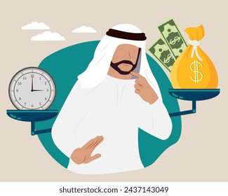 Make Choice, Decision Concept. Puzzled Arab muslim Business Man. Watches and Money are on scales. The concept of weighing time and money to find a balance in life. Vector illustration