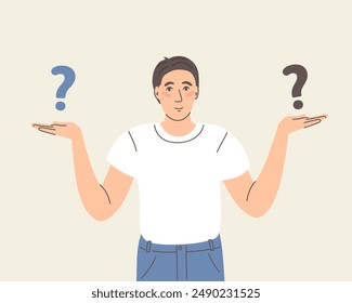 Make choice, decision concept. Puzzled business man doubting, deciding, setting priorities. Questioned employee thinking, analyzing two options