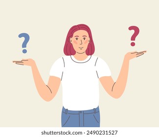 Make choice, decision concept. Puzzled business woman doubting, deciding, setting priorities. Questioned employee thinking, analyzing two options
