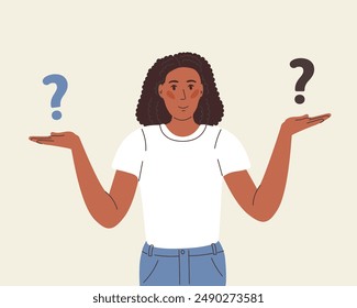 Make choice, decision concept. Puzzled business woman doubting, deciding, setting priorities. Questioned employee thinking, analyzing two options