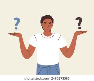 Make choice, decision concept. Puzzled business man doubting, deciding, setting priorities. Questioned employee thinking, analyzing two options