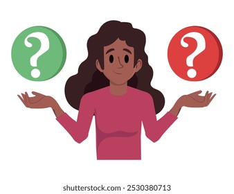 Make choice, decision concept. Puzzled business woman doubting, deciding, setting priorities. Questioned employee thinking, analyzing two options. Flat vector illustration isolated on white background