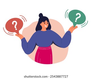 Faça a escolha, conceito de decisão. Empresária Confusa Definindo Prioridades, Duvidando, Decidindo. Um Funcionário Questionado Pensando, Analisando Duas Opções. Ilustração de vetor plano isolada no plano de fundo branco