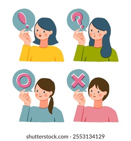 Faça a escolha, conceito de decisão. Empresária Confusa Definindo Prioridades, Duvidando, Decidindo. Um Funcionário Questionado Pensando, Analisando Duas Opções. Ilustração de vetor plano isolada no plano de fundo branco