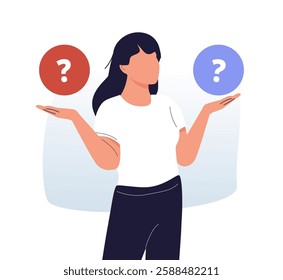 Make choice, decision concept. Puzzled business woman doubting, deciding, setting priorities. Questioned employee thinking, analyzing two options. Flat vector illustration isolated on white background