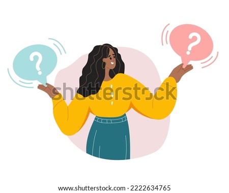 Make Choice, Decision Concept. Puzzled Business Woman Setting Priorities, Doubting, Deciding. Questioned Employee Thinking, Analysing Two Options. Flat vector illustration isolated on white background
