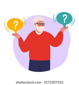 Make Choice, Decision Concept. Grandfather. Puzzled Senior Man Doubting, Deciding. Questioned Employee Thinking, Analysing Two Options. Vector illustration isolated on white background