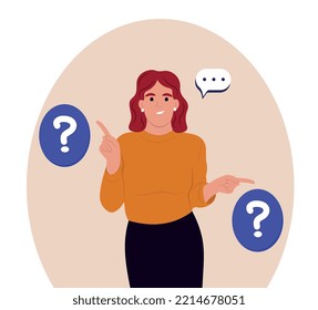 Make choice, decision concept. A young woman makes a choice, thinks, analyzing two options. Doubting, deciding, setting priorities. Flat vector illustration