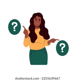 Make choice, decision concept. A young woman makes a choice, thinks, analyzing two options. Doubting, deciding, setting priorities. Flat vector illustration