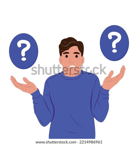 Make choice, decision concept. A young man makes a choice, thinks, analyzing two options. Doubting, deciding, setting priorities. Flat vector illustration