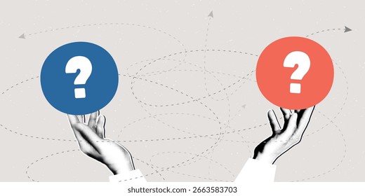 Hacer elección, decisión, concepto de dilema. Mujer de negocios de collage de medio tono elegir entre dos opciones, oportunidades. Ilustración vectorial retro moderna con espacio de copia para texto