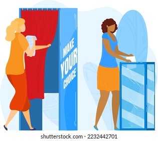 Make choice, man makes decision, concept choose, direction woman character, opportunity survey, flat style vector illustration.