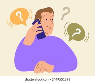 Make Choice with phone, Decision Concept. Puzzled Business Man Setting Priorities, Doubting, Deciding. Questioned Employee Thinking, Analysing Two Options. Flat vector illustration