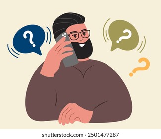 Make Choice with phone, Decision Concept. Puzzled Business Man Setting Priorities, Doubting, Deciding. Questioned Employee Thinking, Analysing Two Options. Flat vector illustration