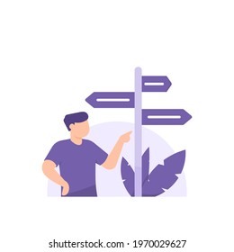 make and choose decisions. choice and future goal. directions or guides. illustration of man thinking of choosing the right path. flat style. vector design