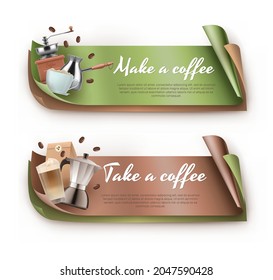 Make a coffee banners 3d vector realistic set. Coffee house, cafe ads, menu, invitation, business card, flyer, packaging design illustration isolated on white background.