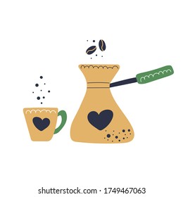 Make coffee. Cup and coffee pot with hearts and coffee bean. Isolated flat illustration in scandinavian design.