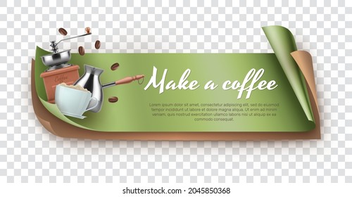 Make a coffee green banner realistic vector design. Horizontal template with coffee making equipment. Menu, invitation, business card, flyer, packaging illustration on transparent background.