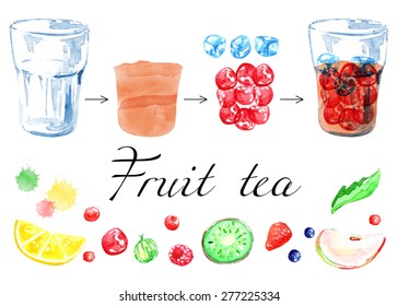 Make cold tea, lemonade. Fresh juice. Vector watercolor. Isolated. Food background. Fruits and berries. 