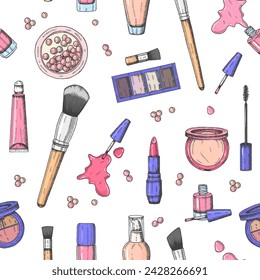 Make up colored seamless pattern.Engraving cosmetics. Vector makeup background- tonal fluid, lipstick, lip gloss, powder, powder pearls, foundation, mascara, makeup brush, eye shadow, nail polish