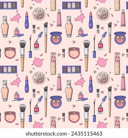 Make up colored seamless pattern.Engraving cosmetics. Vector makeup background- tonal fluid, lipstick, lip gloss, powder, powder pearls, foundation, mascara, makeup brush, eye shadow, nail polish
