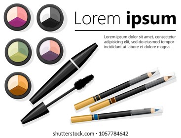 Make up concept. Eye shadow palettes, eyebrow pencil, mascara. Vector illustration with place for your text isolated on white background. Website page and mobile app design.