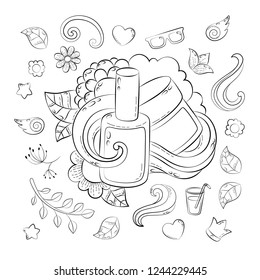 Make up Concept. Hand drawn cartoon doodle illustration. Beauty pattern. illustration for adult coloring book. Sketch for adult anti stress coloring book page with doodle and zentangle elements