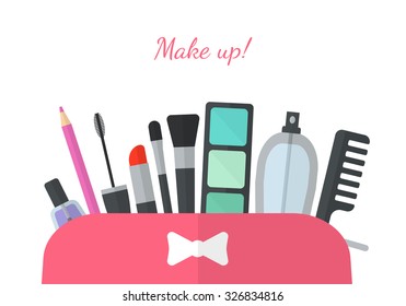 Make up concept vector flat illustration with lipstick, comb, brush, palette, perfume, nail Polish in women's purse. Beauty design isolated on white background. Make-up artist objects. Cosmetic bag.