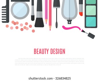 Make up concept vector flat illustration with cosmetics, makeup table, mirror, make-up brushes, perfume, nail polish and comb are laid out in row. Beauty concept design isolated on white background.