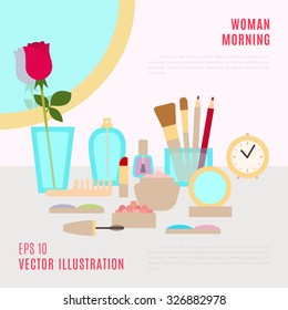 Make up concept vector flat illustration with cosmetics, makeup table, mirror, flower, make-up brushes, perfume, nail polish and clock scattered around. Beauty concept design. Close-up. Retro style.