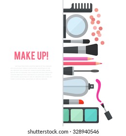 Make up concept vector flat illustration with cosmetics, makeup table, mirror, make-up brushes, perfume, nail polish and comb are laid out in row. Vertical concept design isolated on white background.