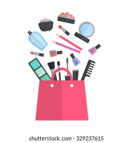 Make up concept vector flat illustration with lipstick, comb, brush, palette, perfume, nail Polish in women's purse. Beauty design isolated on white background. Make-up artist objects. Cosmetic bag.